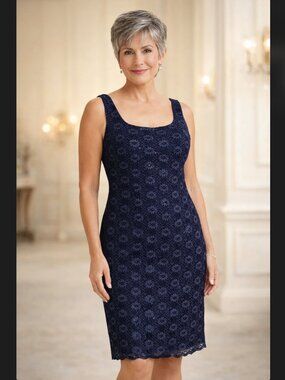 Alex Evenings Lace Sequin Sheath Dress 6P Petite Floral Navy Scalloped Wedding